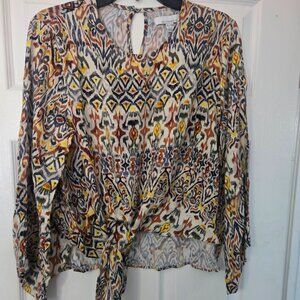 Fourteenth Place L/S boho‎ ikat pattern top with tie front and keyhole in…
